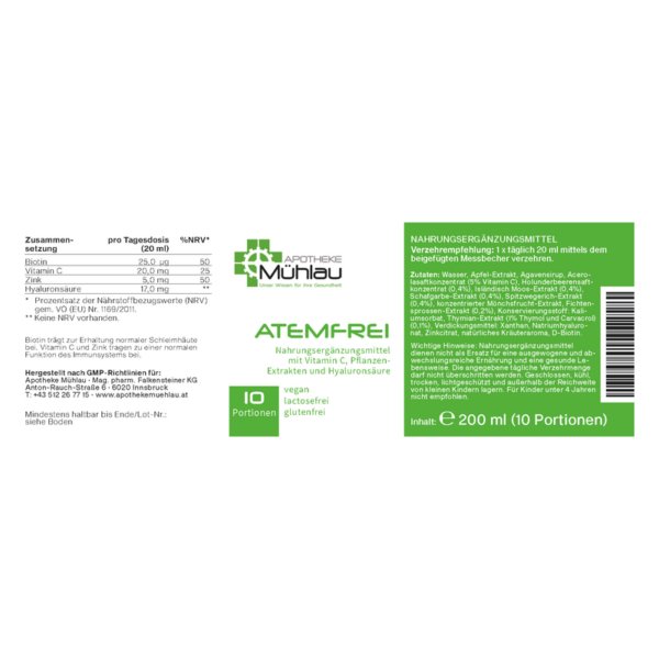 Verpackung eines Nahrungsergänzungsmittels "ATEMFREI" mit Inhaltsstoffen, empfehlenswerter Dosierung und veganen Eigenschaften.