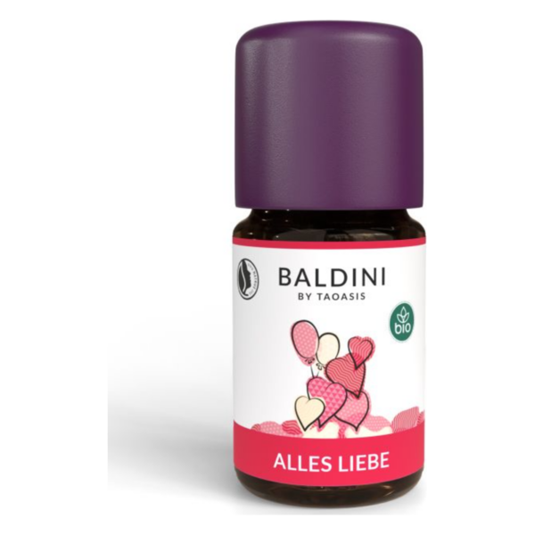 Flasche mit ätherischem Öl "Alles Liebe" von Baldini, mit lila Kappe und bunten Herzluftballons auf dem Etikett.