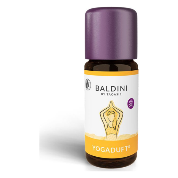 Braune Flasche mit lila Kappe, beschriftet mit "Baldini Yogaduft®, bio", abgebildet auf hellem Hintergrund.