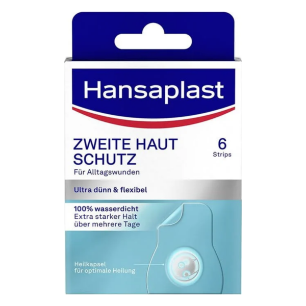Packung mit Hansaplast Zweite Haut Schutz für Alltagswunden, wasserfest und flexibel, enthält 6 Strips.