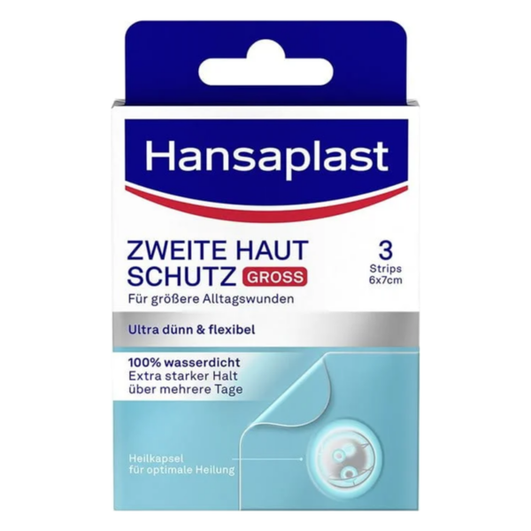 Verpackung von Hansaplast Zweite Haut Schutz, große Pflaster für Alltagswunden, wasser- und flexibler Halt.