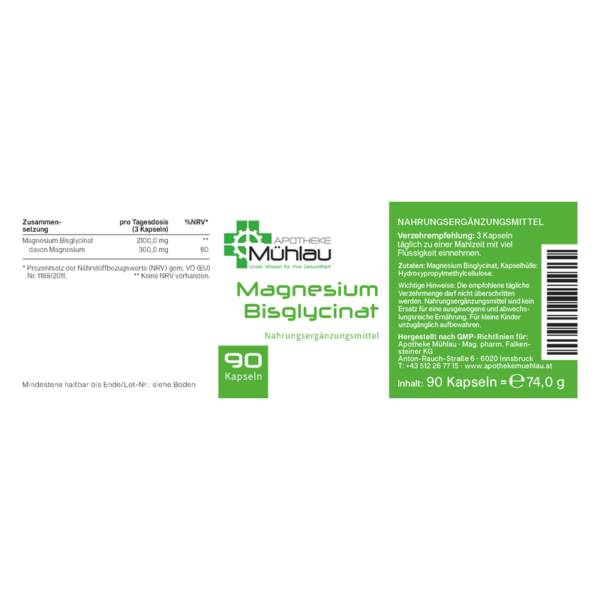 Verpackung für Magnesium-Bisglycinat Kapseln, 90 Stück, mit Anweisungen zur Einnahme und Nährstoffangaben.