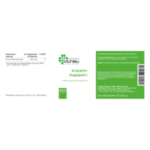 Verpackung von Kreatin-Kapseln mit Nährstoffangaben und Herstellerinformationen.