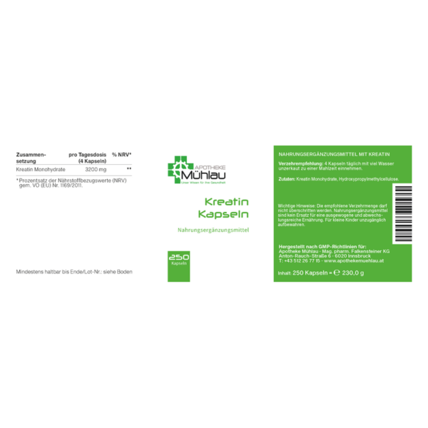 Verpackung von Kreatin-Kapseln mit Nährstoffangaben und Herstellerinformationen.