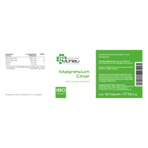 Verpackungsdesign für Magnesium Citrat mit Gesundheitsangaben und Inhaltsstoffen, 180 Kapseln.
