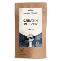 Braune Verpackung mit Kreatin-Pulver, vegan und kompostierbar, 500 g, mit einem Blattmuster auf der Unterseite.