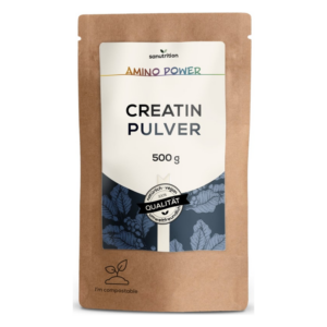 Braune Verpackung mit Kreatin-Pulver, vegan und kompostierbar, 500 g, mit einem Blattmuster auf der Unterseite.
