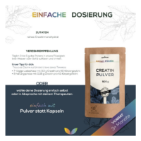 Verpackung von Creatin-Pulver in einem braunen Beutel mit Dosierungshinweisen und Zutatenliste.