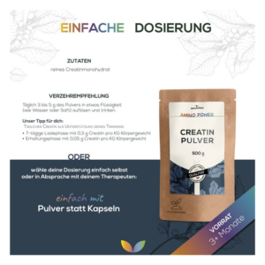 Verpackung von Creatin-Pulver in einem braunen Beutel mit Dosierungshinweisen und Zutatenliste.
