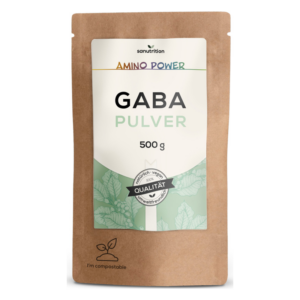 Braune, kompostierbare Verpackung mit GABA Pulver, 500 g, beschriftet mit 'natürlich, vegan, Qualität'.