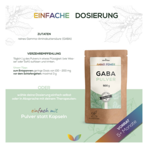 Verpackung von GABA-Pulver in einem braunen Beutel mit Zutatennotation und Dosierungshinweisen.