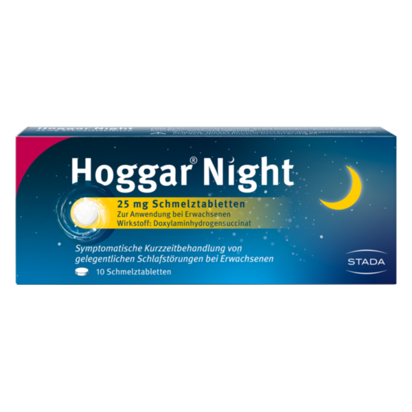 Packung mit Hoggar Night Schmelztabletten zur Behandlung von Schlafstörungen bei Erwachsenen, 25 mg, 10 Stück.