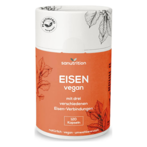 Runde, umweltfreundliche Dose mit oranger Verpackung und Aufschrift "EISEN vegan" und botanischen Motiven.