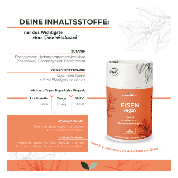 Produktverpackung für vegane Eisenkapseln mit Inhaltsstoffen und Verzehrempfehlung auf orangefarbenem Hintergrund.