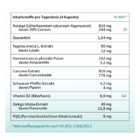 Tabelle mit Inhaltsstoffen und Nährwertangaben pro Tagesdosis für Nahrungsergänzungsmittel in Kapseln.