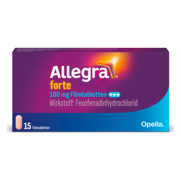 Verpackung von Allegra forte mit 180 mg Filmtabletten, Wirkstoff Fexofenadinhydrochlorid, Hinweis auf 15 Tabletten.