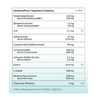 Tabelle mit Inhaltsstoffen pro Tagesdosis von Nahrungsergänzungsmitteln, einschließlich Mengenangaben und NRV-Prozentsätzen.