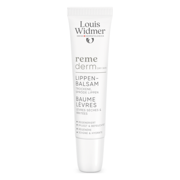 Lippenbalsam von Louis Widmer in einer weißen Tube, entwickelt für trockene, spröde Lippen.