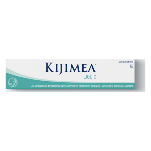 Verpackung von Kijimea Liquid mit dem Hinweis zur Verbesserung der Wasseraufnahme beim Sport.