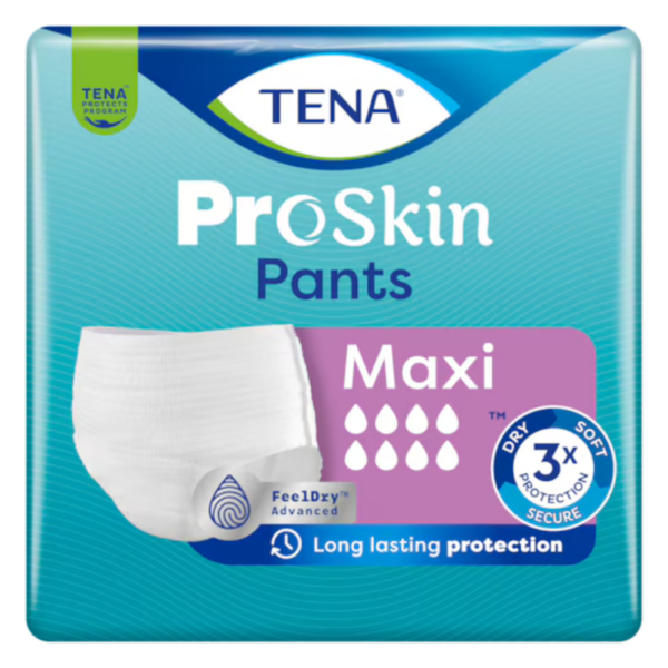 Packung mit TENA ProSkin Pants, Maxi. Weiße Inkontinenzunterwäsche auf blauem Hintergrund mit Pflegeinformationen.