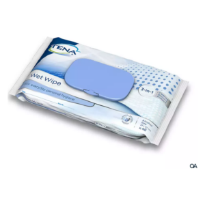 Verpackung von TENA Feuchttüchern mit blauem Verschluss, für tägliche persönliche Hygiene, alkoholfrei.