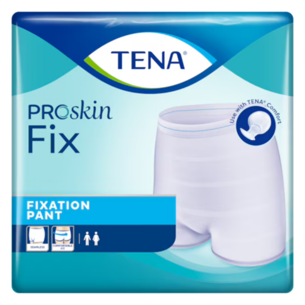 Verpackung mit Fixationshose von TENA in weiß, für Inkontinenzversorgung, nahtloses Design, für Männer und Frauen geeignet.