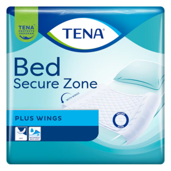 Verpackung einer wasserdichten Bettunterlage mit Flügeln von TENA, weich und sicher, in hellblauem Design.
