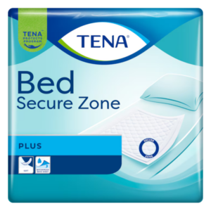 Verpackung von TENA Bed Secure Zone, Schutzunterlage für Betten, mit weicher und wasserdichter Rückseite.
