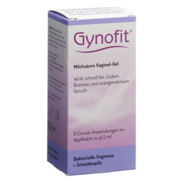 Verpackung von Gynofit, einem Milchsäure Vaginal-Gel zur Behandlung von Beschwerden wie Jucken und Brennen.