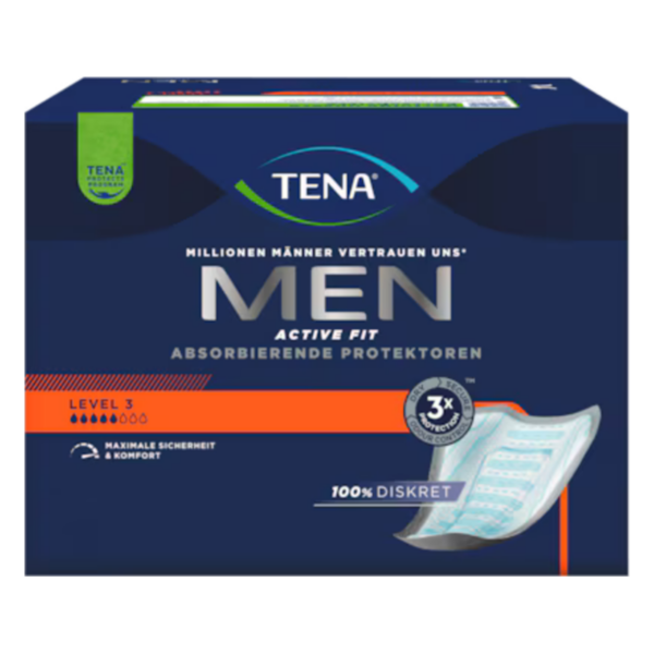 Verpackung von TENA MEN Active Fit, absorbierenden Protektoren in Level 3, hervorgehoben durch diskretes Design und Komfort.