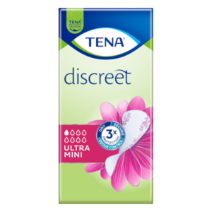 Verpackung von TENA Discreet Ultra Mini mit floralen Motiven und Angaben zu Geruchskontrolle.
