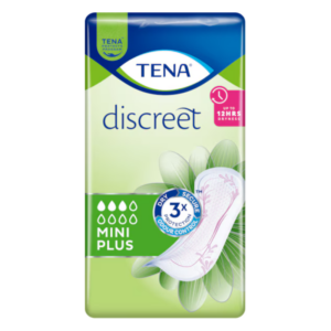 Verpackung von TENA Discreet Mini Plus mit Hinweis auf 12 Stunden Trockenheit und geruchsneutralisierender Funktion.