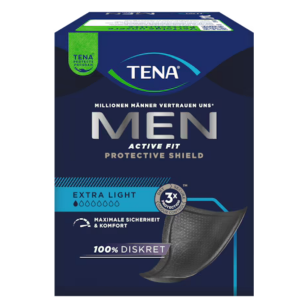 Verpackung von Tena Men Protective Shield, aktiv und diskret, für Männer mit extra leichter Schutztechnologie.