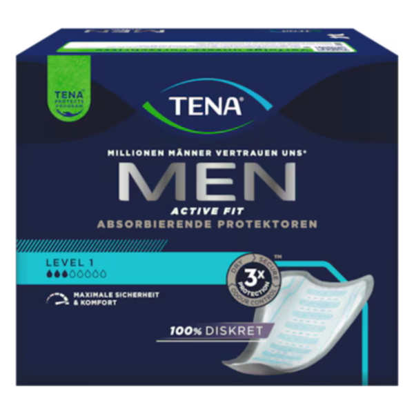 Verpackung von TENA Men Active Fit absorbierenden Protektoren, betont Diskretion und sicheren Komfort bei Inkontinenz.