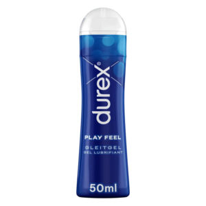 Transparente Flasche mit blauer Kappe, enthält 50 ml Gleitgel von Durex, Bezeichnung "Play Feel".