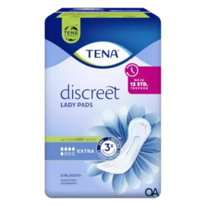 Verpackung von TENA discreet Lady Pads mit blauer und grüner Farbgebung, zeigt absorbierende Einlage für Frauen.