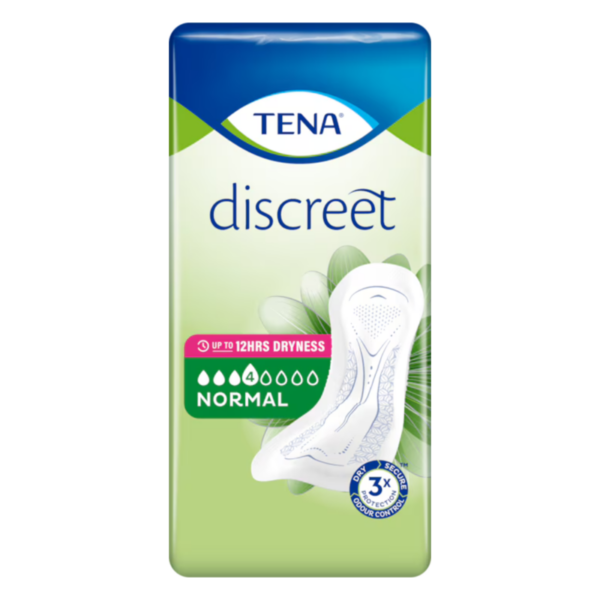Verpackung von TENA discreet Slipeinlagen mit Hinweis auf 12 Stunden Trockenheit und normaler Größe.