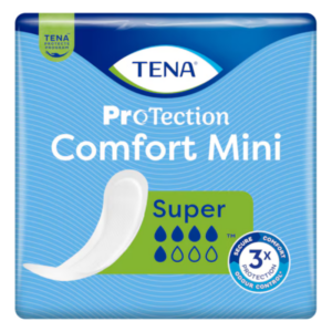 Packung von TENA ProTection Comfort Mini Super mit Schutzsymbolen und einem abgerundeten Einlage-Design