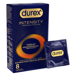 Packung Durex Intensity, ohne Latex, mit einer einzelnen Kondomverpackung, betont intensive Körperwärme-Übertragung.