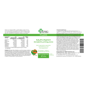 Verpackung von Multivitamin Kinderfruchtgummi, vegan, mit Orangen-, Himbeer- und Blaubeergeschmack, 120 g.