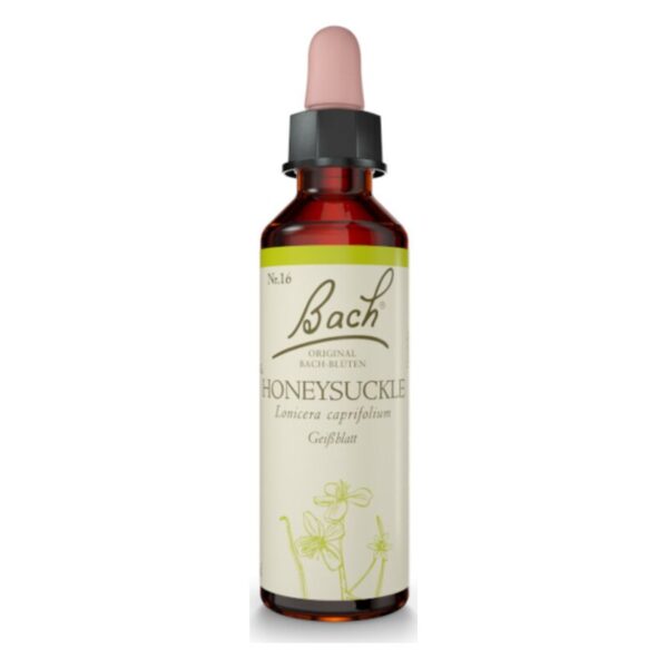 Braune Glasflasche mit Pipette, etikettiert mit "Bach Honeysuckle" und botanischem Namen."