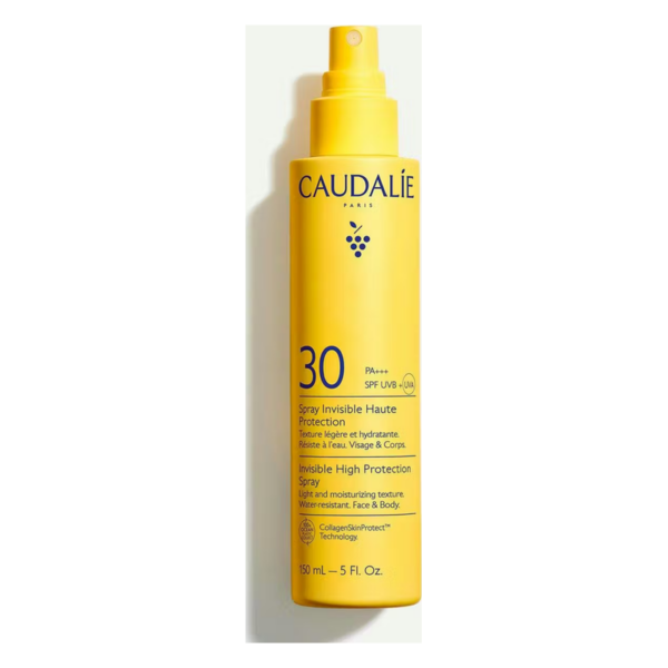 Sonnenschutzspray von Caudalie mit SPF 30 in gelber Plastikflasche, wasserfest und für Gesicht und Körper geeignet.