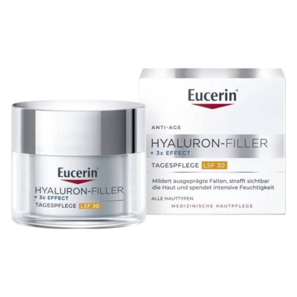 Eucerin Hyaluron-Filler Tagespflege in einem transparenten Tiegel mit silbernem Deckel, verpackt in einer weißen Box mit rotem Logo.