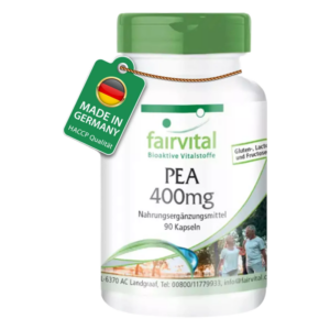 Weißes Fläschchen mit grünem Deckel, Etikett bezieht sich auf PEA 400mg, Nahrungsergänzungsmittel, Made in Germany.