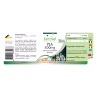 Verpackung eines Nahrungsergänzungsmittels PEA 400mg mit Inhaltsstoffen und Verzehrempfehlung.