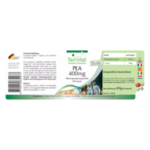 Verpackung eines Nahrungsergänzungsmittels PEA 400mg mit Inhaltsstoffen und Verzehrempfehlung.
