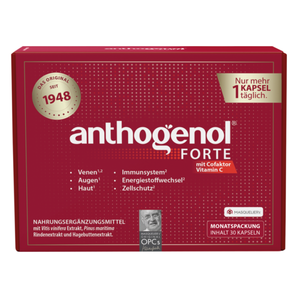 Packung von Anthogenol Forte, ein Nahrungsergänzungsmittel mit verschiedenen gesundheitlichen Vorteilen, inklusive Vitamin C.