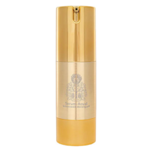 Elegante Flasche mit goldfarbenem Pumpspender, beschriftet mit "Serum-Royal Schlosswald-Bienengut".