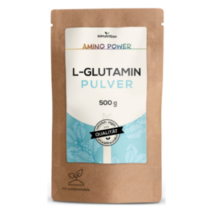 Verpackung für sannutrition L-Glutamin Pulver in einem 500 g umweltfreundlichen Beutel mit blauer Schrift und Pflanzenmotiv.