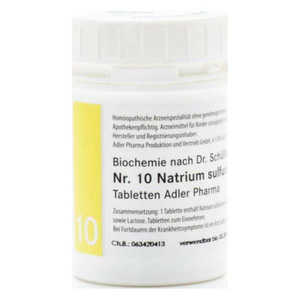 Runddose mit homöopathischen Tabletten, beschriftet mit "Nr. 10 Natrium sulfuricum" und Hinweisen zur Anwendung.